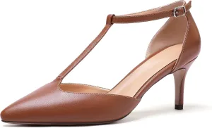 Eldof Womens Kitten Heel Pumps T-Strap Ankle Buckle Pumps2.6 Pointed Toe Classic Office Dress Heels