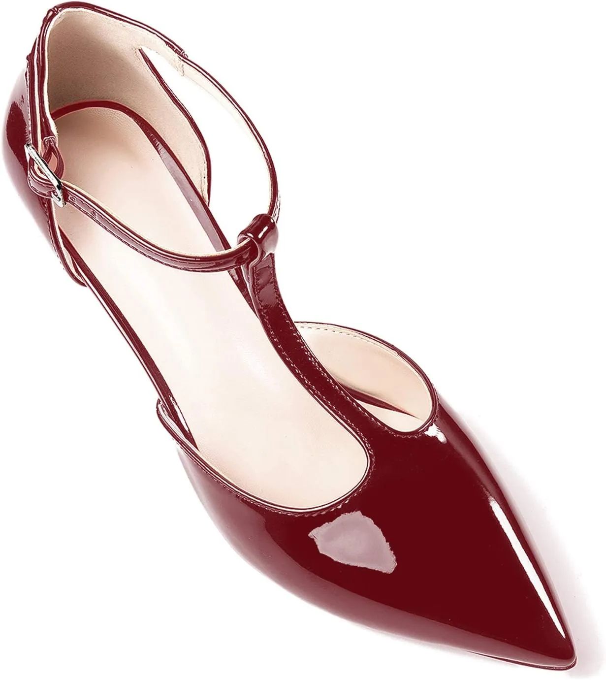 Eldof Womens Kitten Heel Pumps T-Strap Ankle Buckle Pumps2.6 Pointed Toe Classic Office Dress Heels