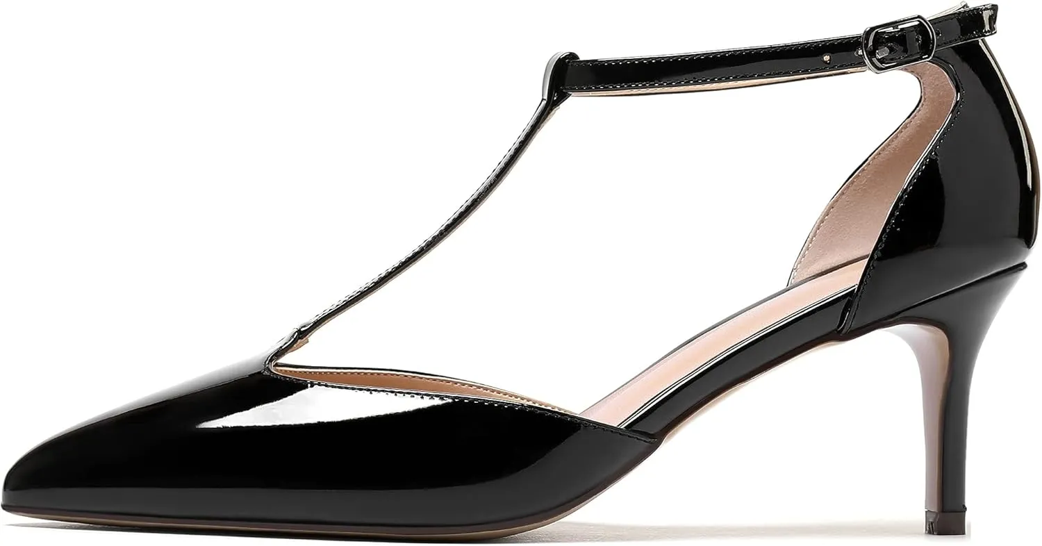 Eldof Womens Kitten Heel Pumps T-Strap Ankle Buckle Pumps2.6 Pointed Toe Classic Office Dress Heels