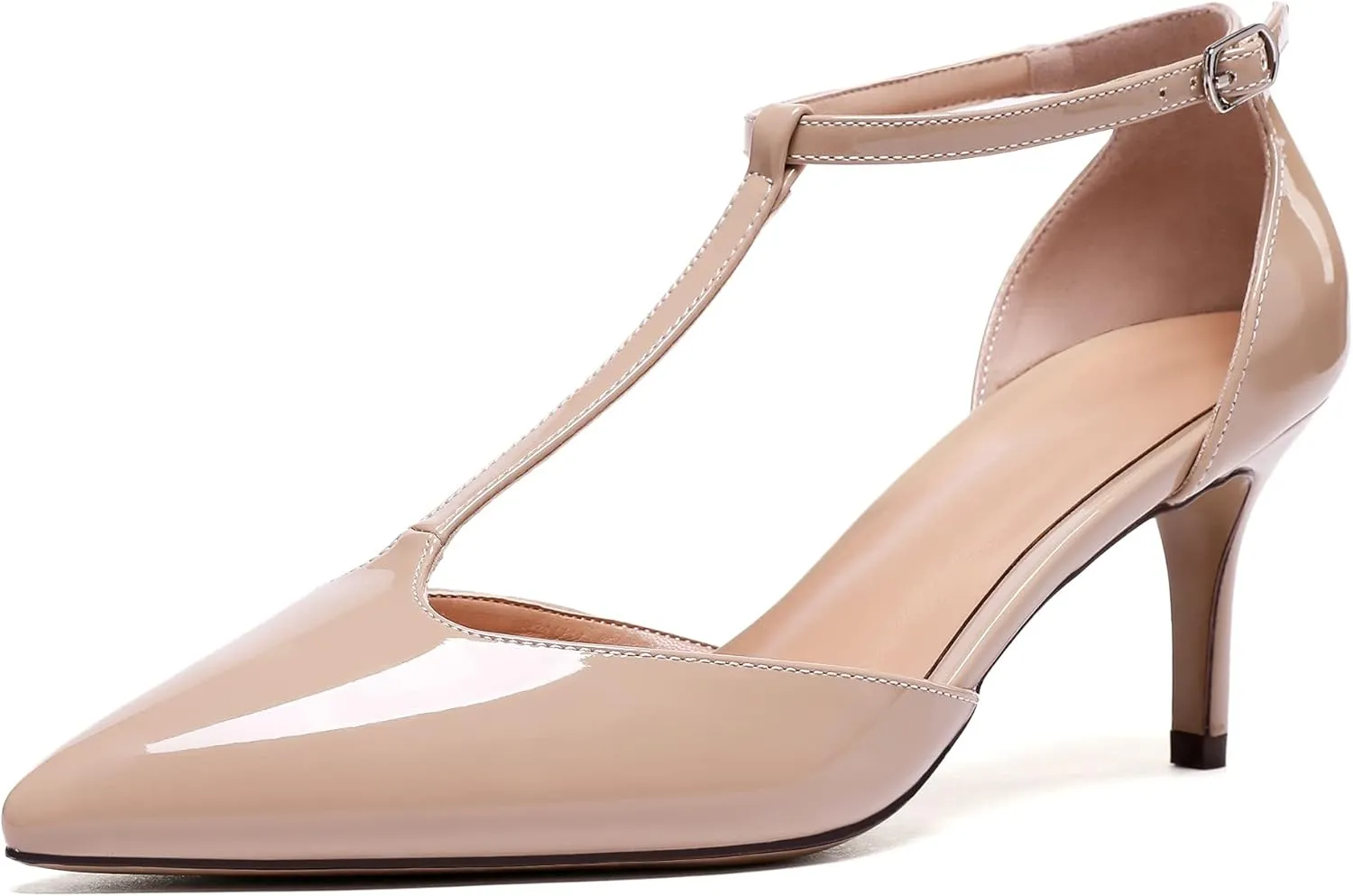 Eldof Womens Kitten Heel Pumps T-Strap Ankle Buckle Pumps2.6 Pointed Toe Classic Office Dress Heels