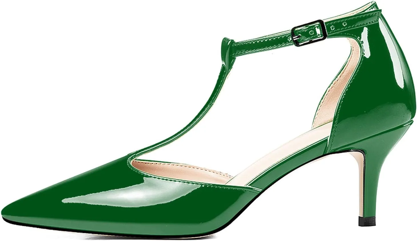 Eldof Womens Kitten Heel Pumps T-Strap Ankle Buckle Pumps2.6 Pointed Toe Classic Office Dress Heels
