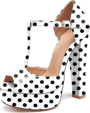 Eldof Women's Platform Chunky High Heels Ankle T Strap Square Peep Toe Sandals Party Dress Casual Shoes 6 Inches
