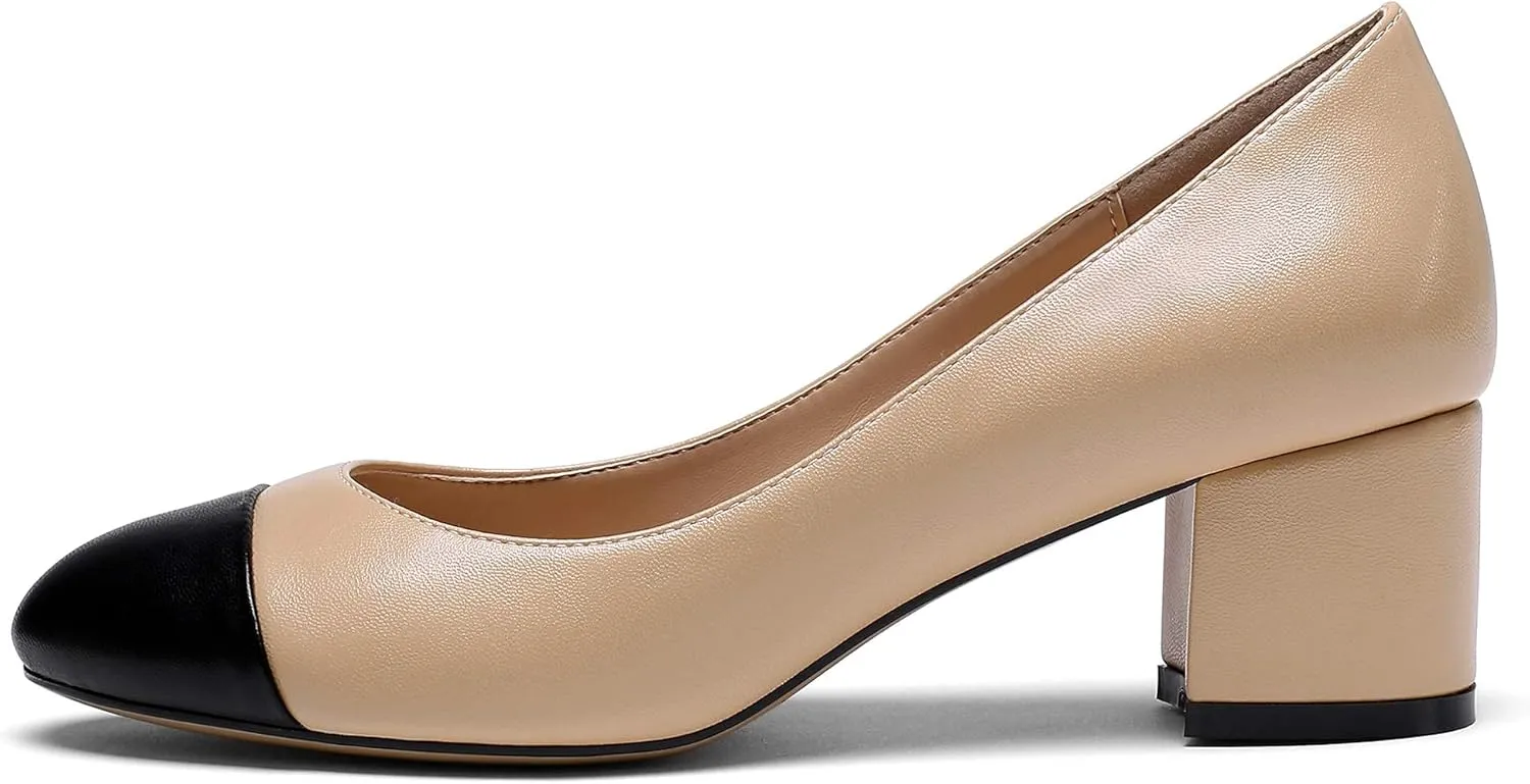 Eldof Women's Round Cap Toe Block Heels Slip On Chunky Low Heel Pumps for Wedding Party Office Classic Dress Shoes 2 Inches