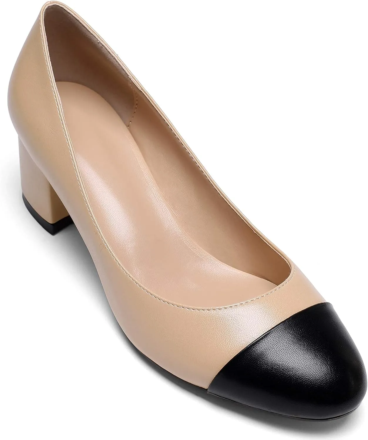 Eldof Women's Round Cap Toe Block Heels Slip On Chunky Low Heel Pumps for Wedding Party Office Classic Dress Shoes 2 Inches