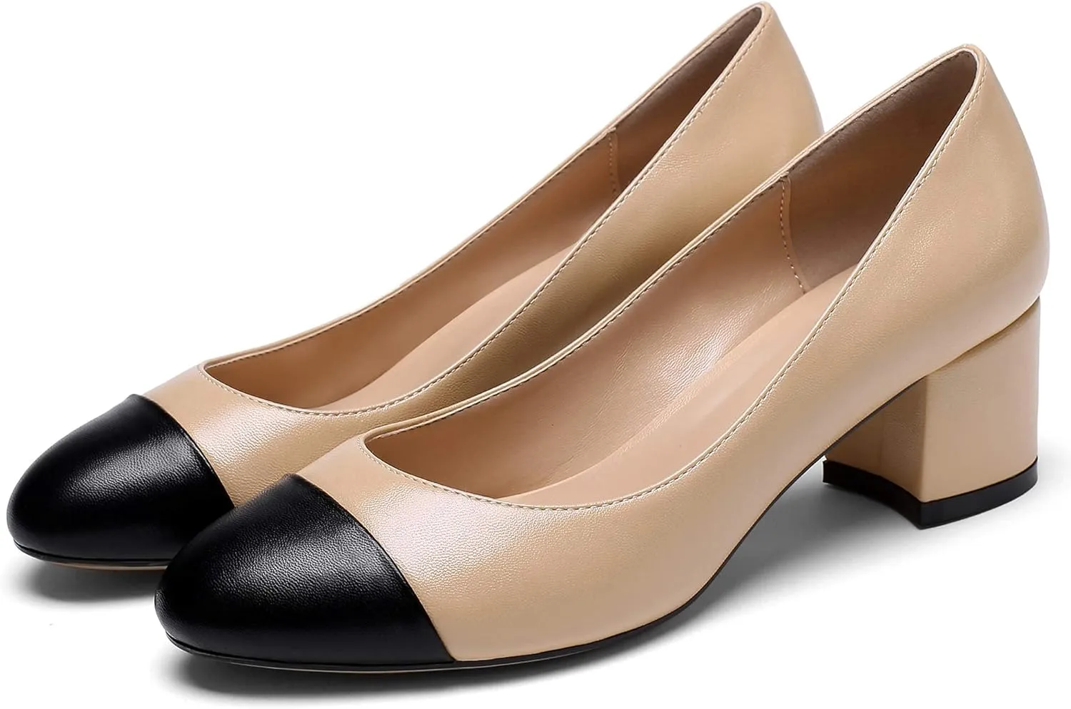 Eldof Women's Round Cap Toe Block Heels Slip On Chunky Low Heel Pumps for Wedding Party Office Classic Dress Shoes 2 Inches