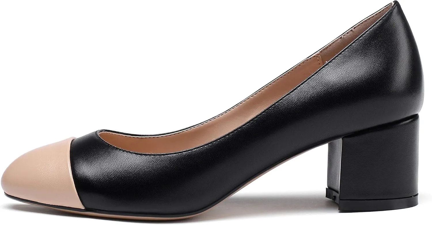 Eldof Women's Round Cap Toe Block Heels Slip On Chunky Low Heel Pumps for Wedding Party Office Classic Dress Shoes 2 Inches