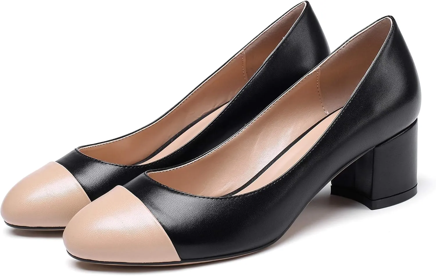 Eldof Women's Round Cap Toe Block Heels Slip On Chunky Low Heel Pumps for Wedding Party Office Classic Dress Shoes 2 Inches