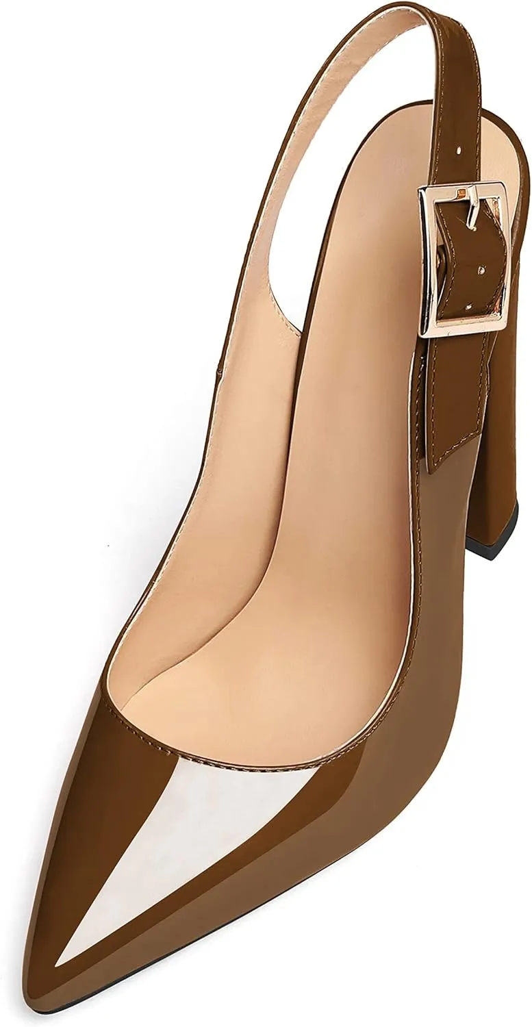 Eldof Women's Slingback Pointed Toe Pumps Ankle Strap Chunky High Heels 4.7" High Block Heel Pumps Dress Shoes