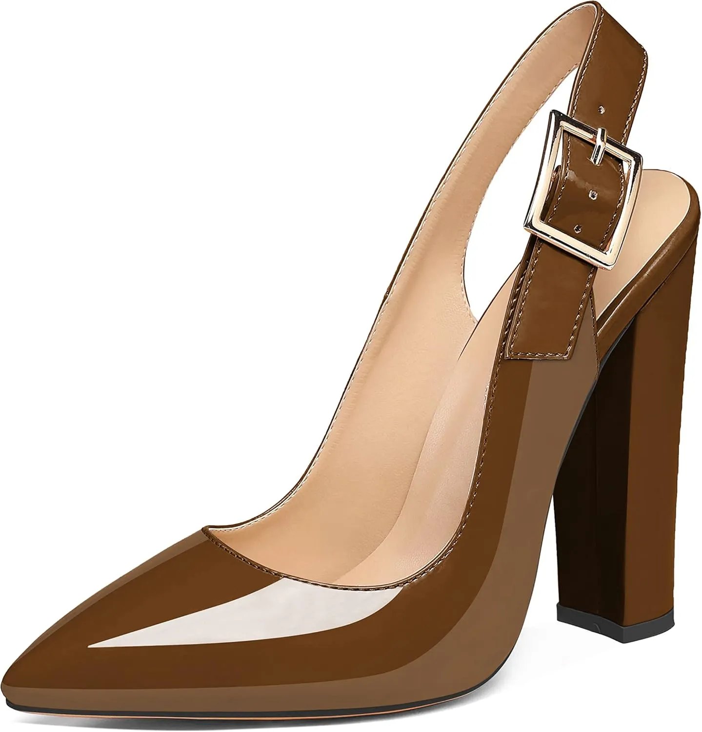 Eldof Women's Slingback Pointed Toe Pumps Ankle Strap Chunky High Heels 4.7" High Block Heel Pumps Dress Shoes