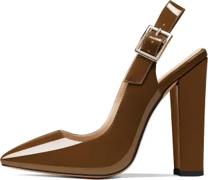 Eldof Women's Slingback Pointed Toe Pumps Ankle Strap Chunky High Heels 4.7" High Block Heel Pumps Dress Shoes