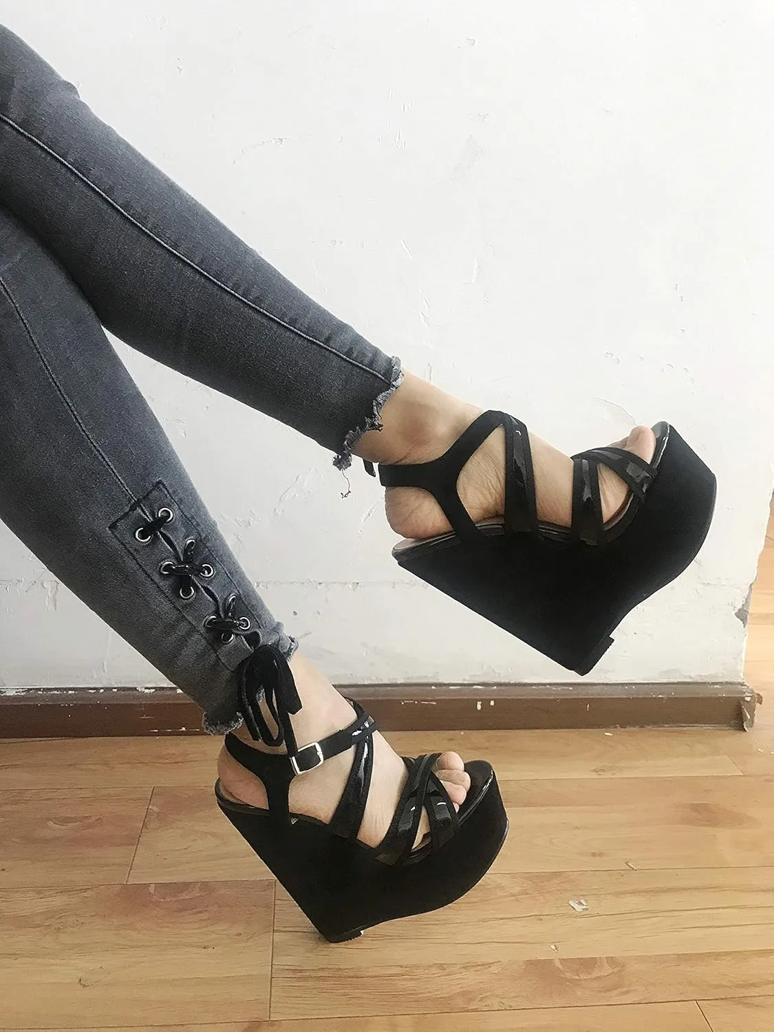 Eldof Women's Wedge Platform Sandals Open Toe Ankle Cross Strap High Heels 6 Inches Party Wedding