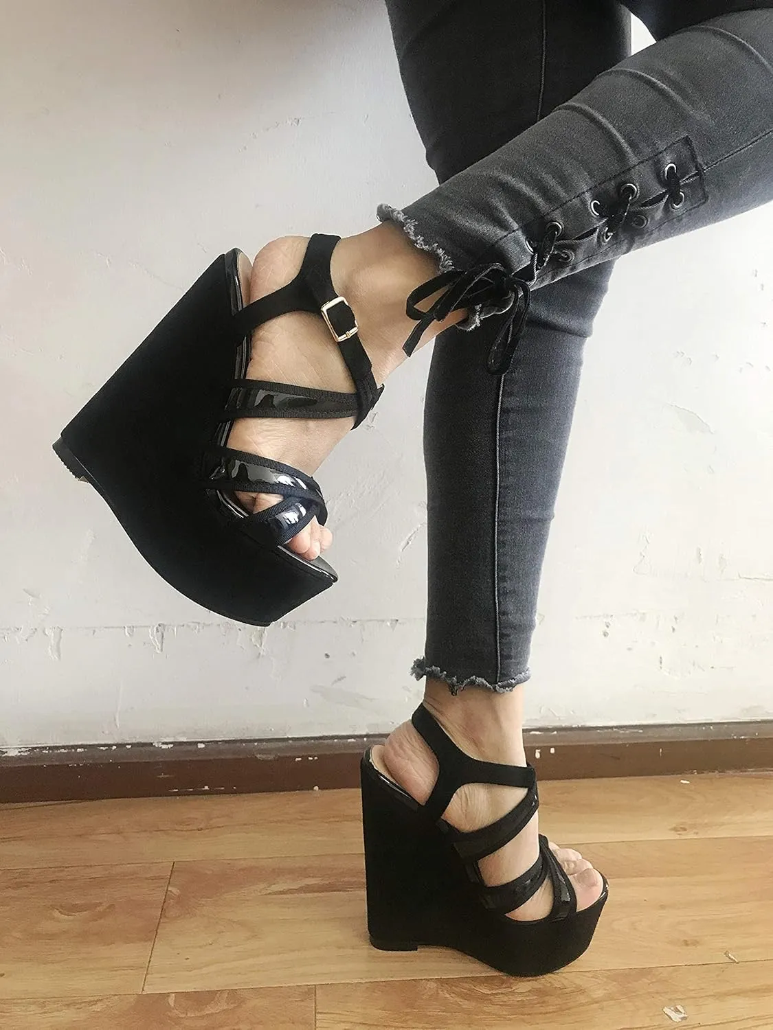 Eldof Women's Wedge Platform Sandals Open Toe Ankle Cross Strap High Heels 6 Inches Party Wedding