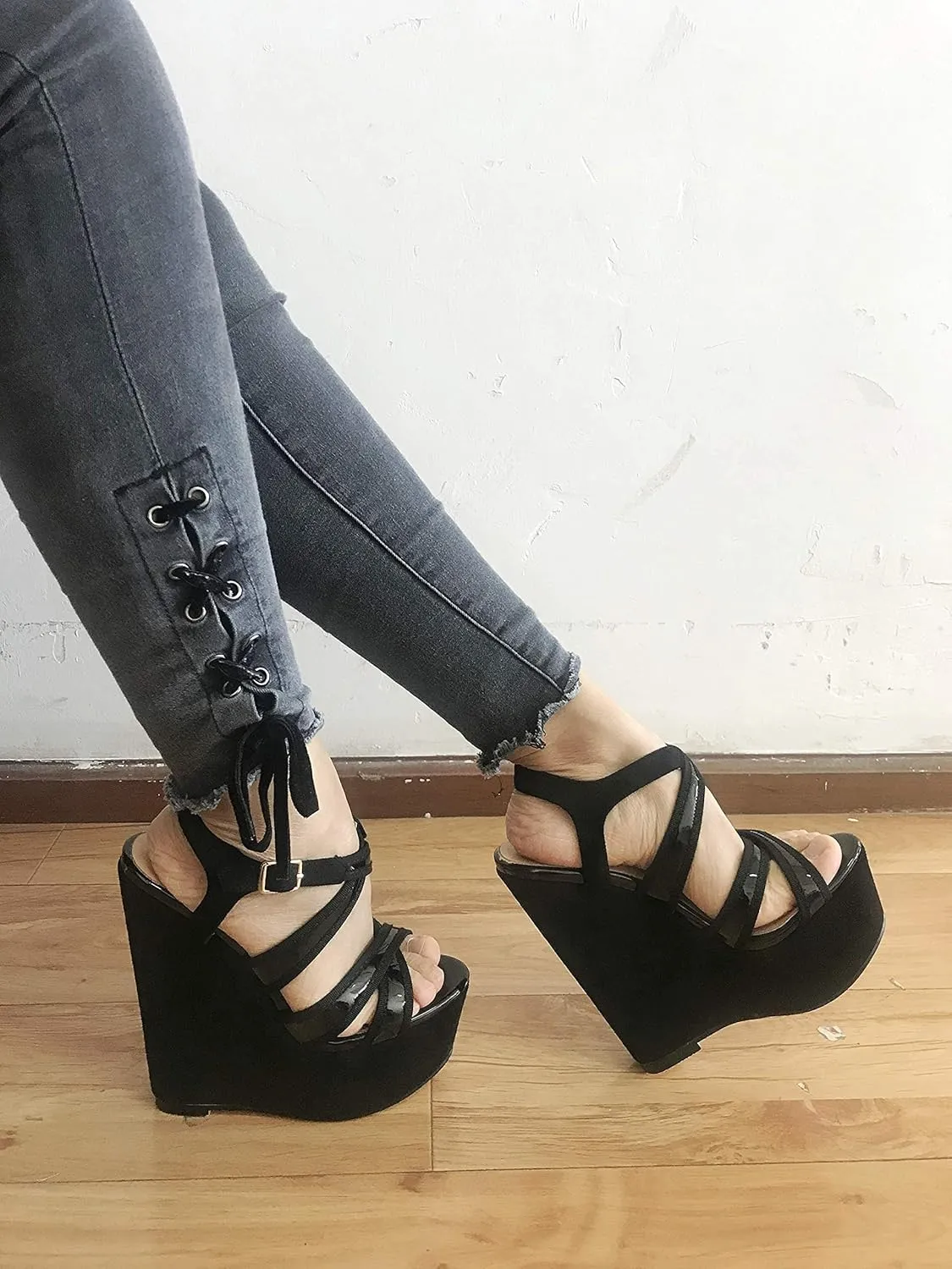Eldof Women's Wedge Platform Sandals Open Toe Ankle Cross Strap High Heels 6 Inches Party Wedding
