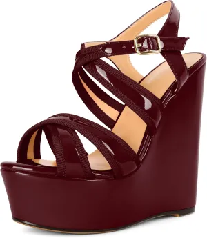 Eldof Women's Wedge Platform Sandals Open Toe Ankle Cross Strap High Heels 6 Inches Party Wedding
