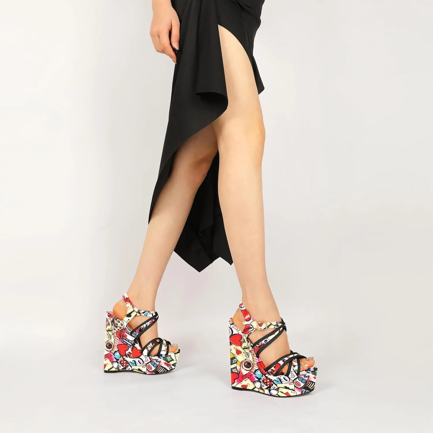 Eldof Women's Wedge Platform Sandals Open Toe Ankle Cross Strap High Heels 6 Inches Party Wedding