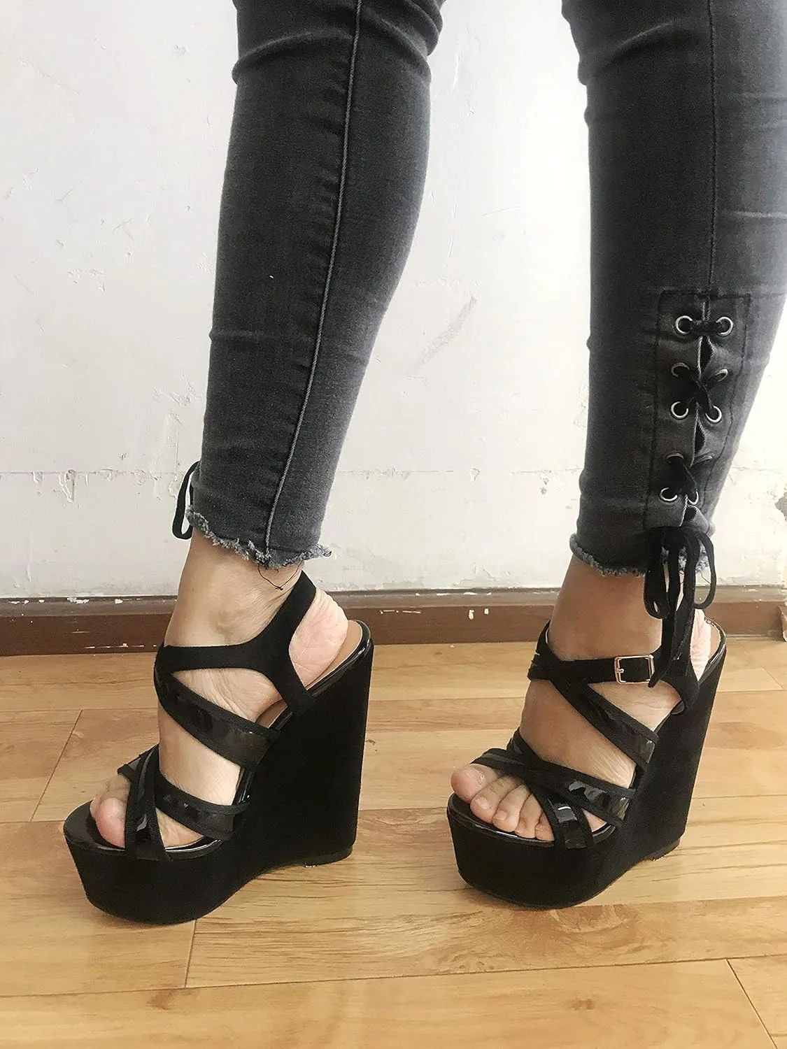 Eldof Women's Wedge Platform Sandals Open Toe Ankle Cross Strap High Heels 6 Inches Party Wedding