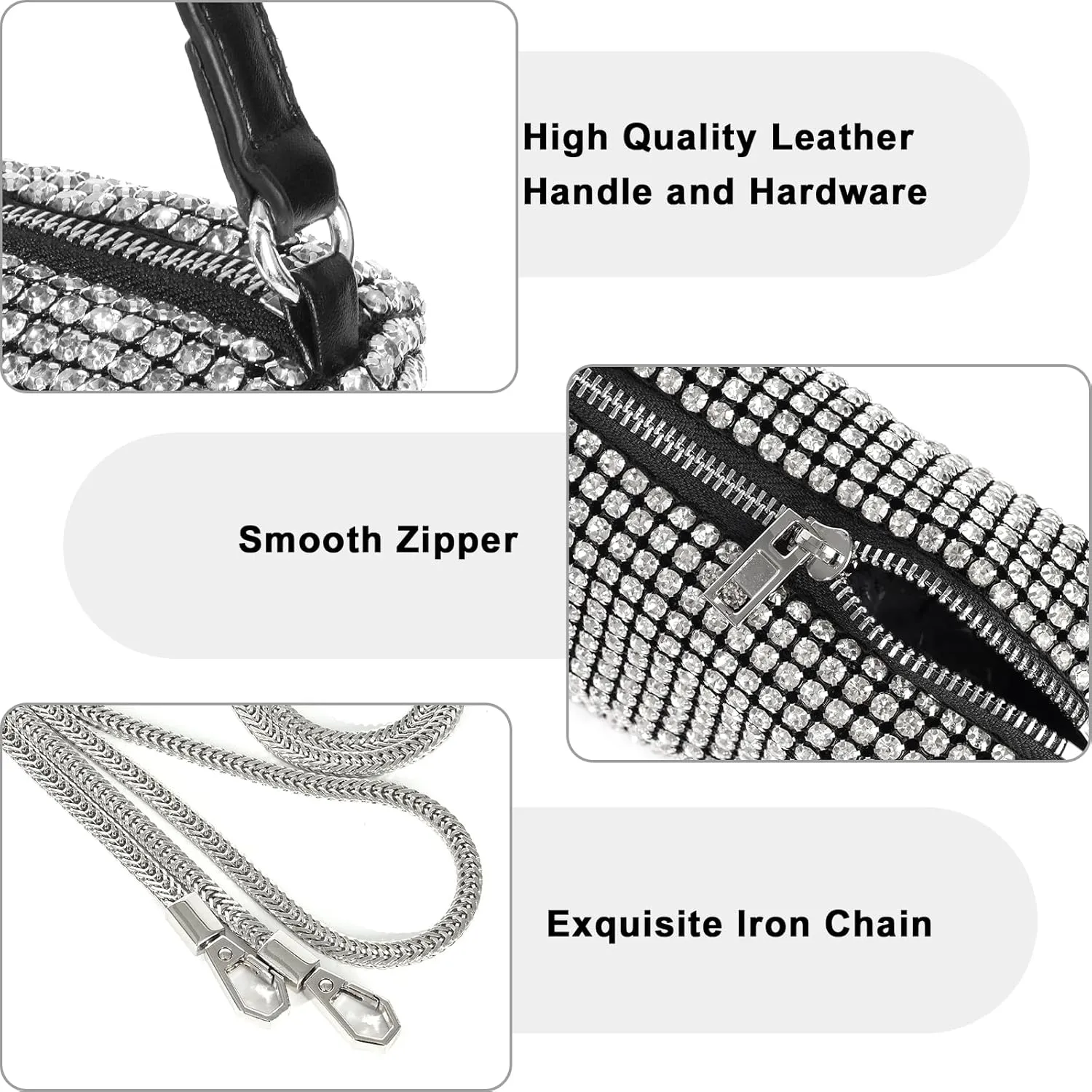 Elegant Rhinestone Evening Bag for Women - Sparkling Silver Crossbody Purse with Detachable Chain Strap