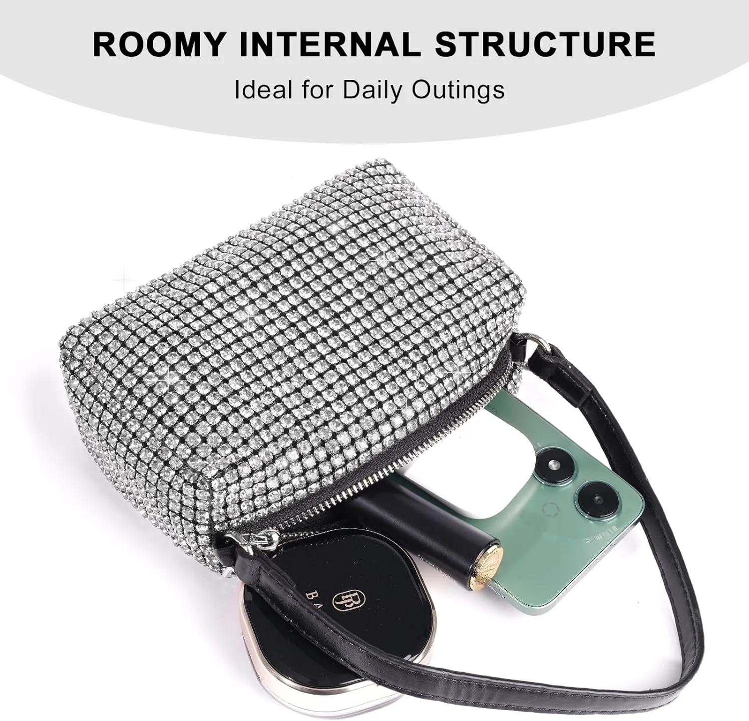 Elegant Rhinestone Evening Bag for Women - Sparkling Silver Crossbody Purse with Detachable Chain Strap