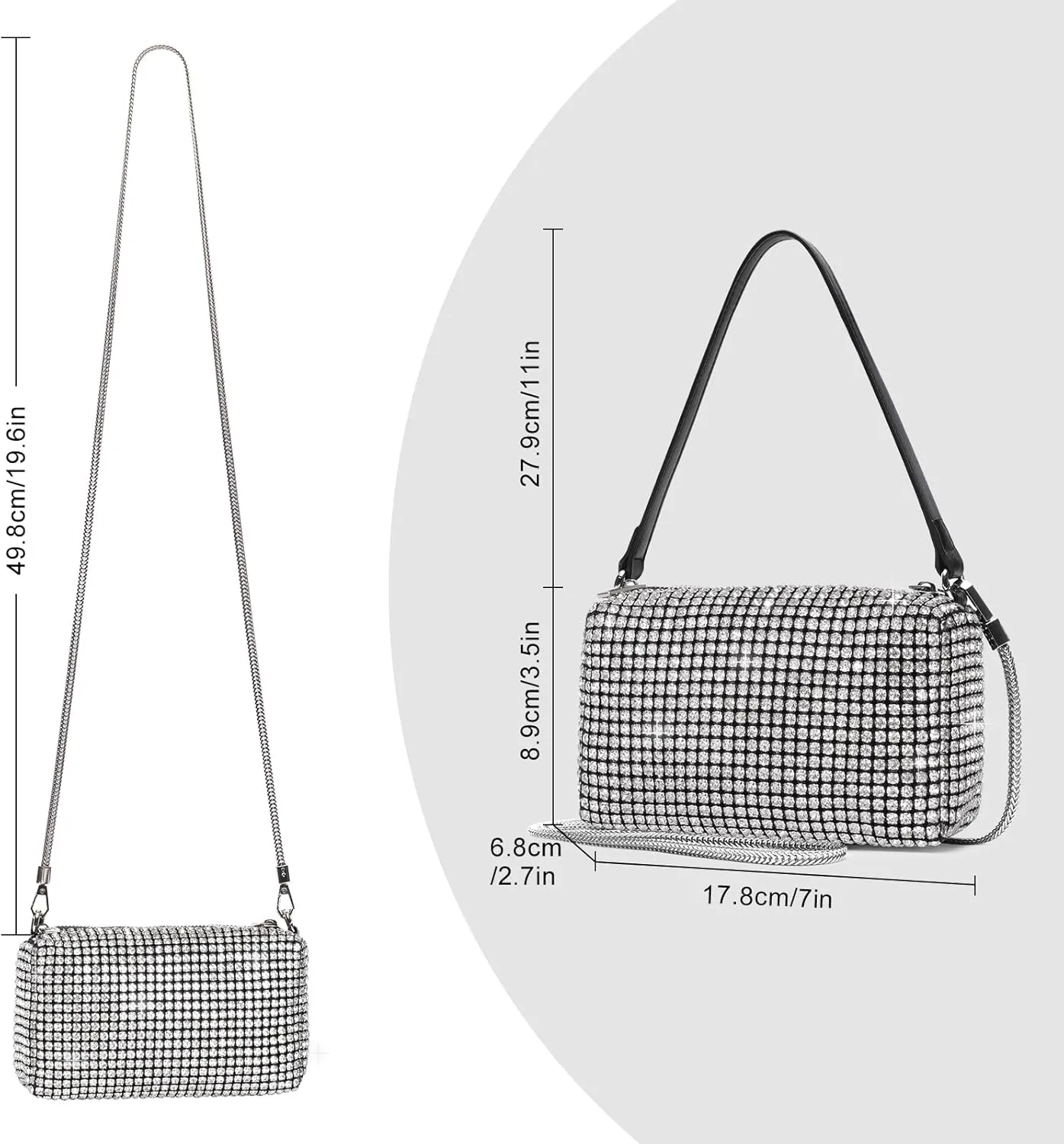 Elegant Rhinestone Evening Bag for Women - Sparkling Silver Crossbody Purse with Detachable Chain Strap