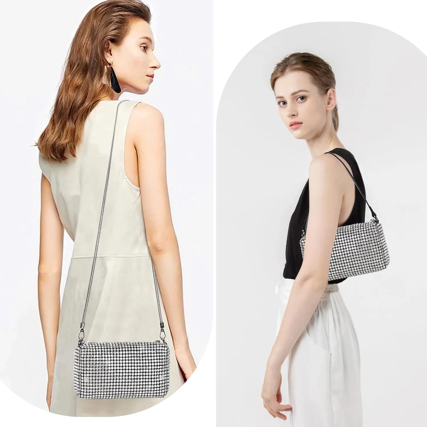 Elegant Rhinestone Evening Bag for Women - Sparkling Silver Crossbody Purse with Detachable Chain Strap