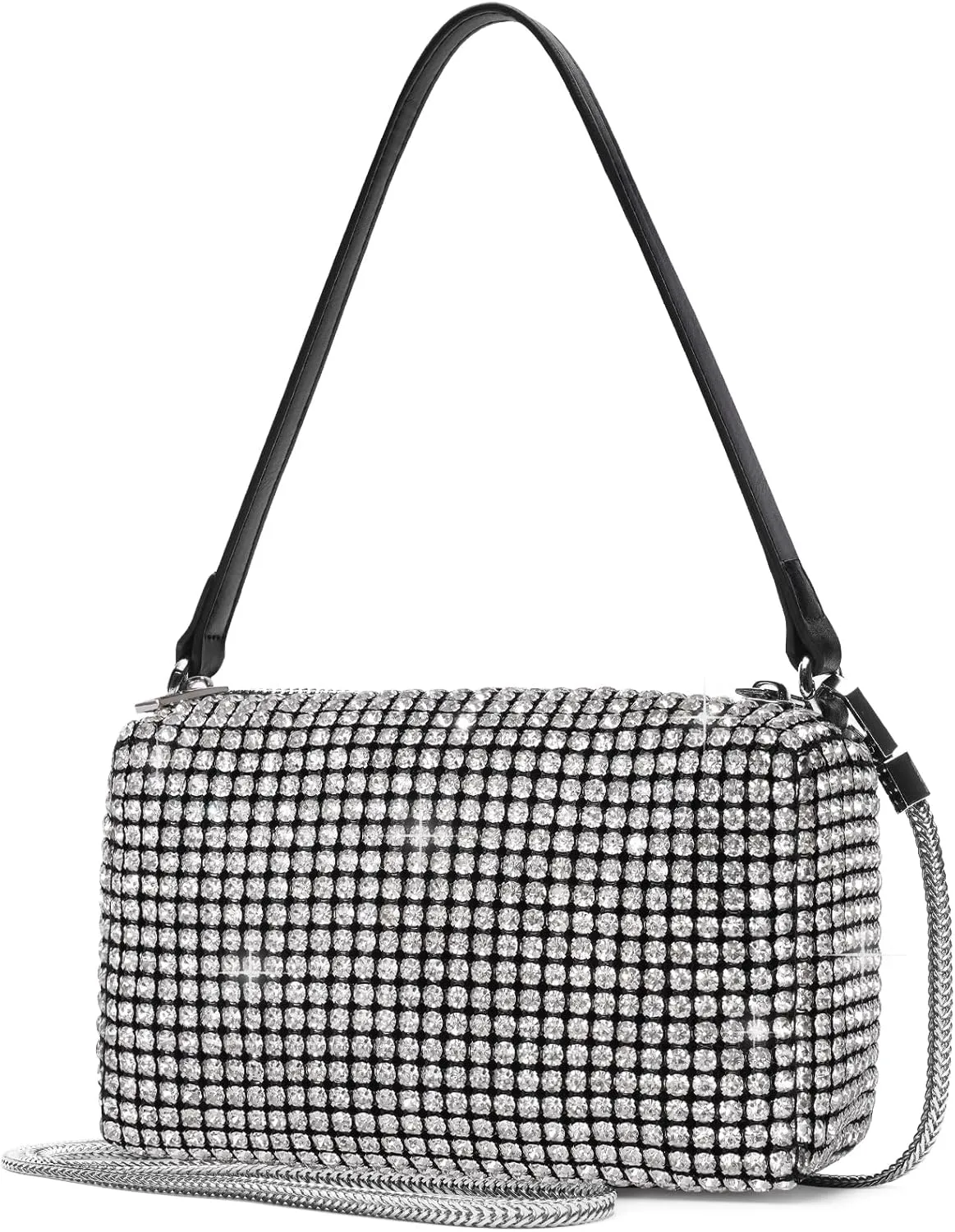 Elegant Rhinestone Evening Bag for Women - Sparkling Silver Crossbody Purse with Detachable Chain Strap