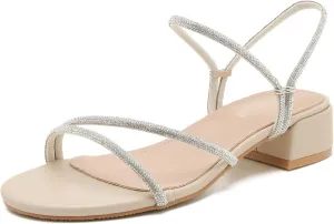 Enelauge Womens Rhinestone Heeled Sandals Ankle Strap Open Toe Low Block Chunky Heels Sandals Backless Summer Holiday Party Wedding Dress Shoes Nude 42-9.5US