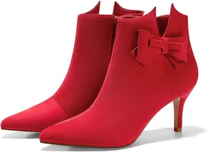 Ermonn Womens Pointed Toe Ankle Boots Stiletto Heels Side Zipper Bow Faux Suede Booties Wedding Dress Shoes