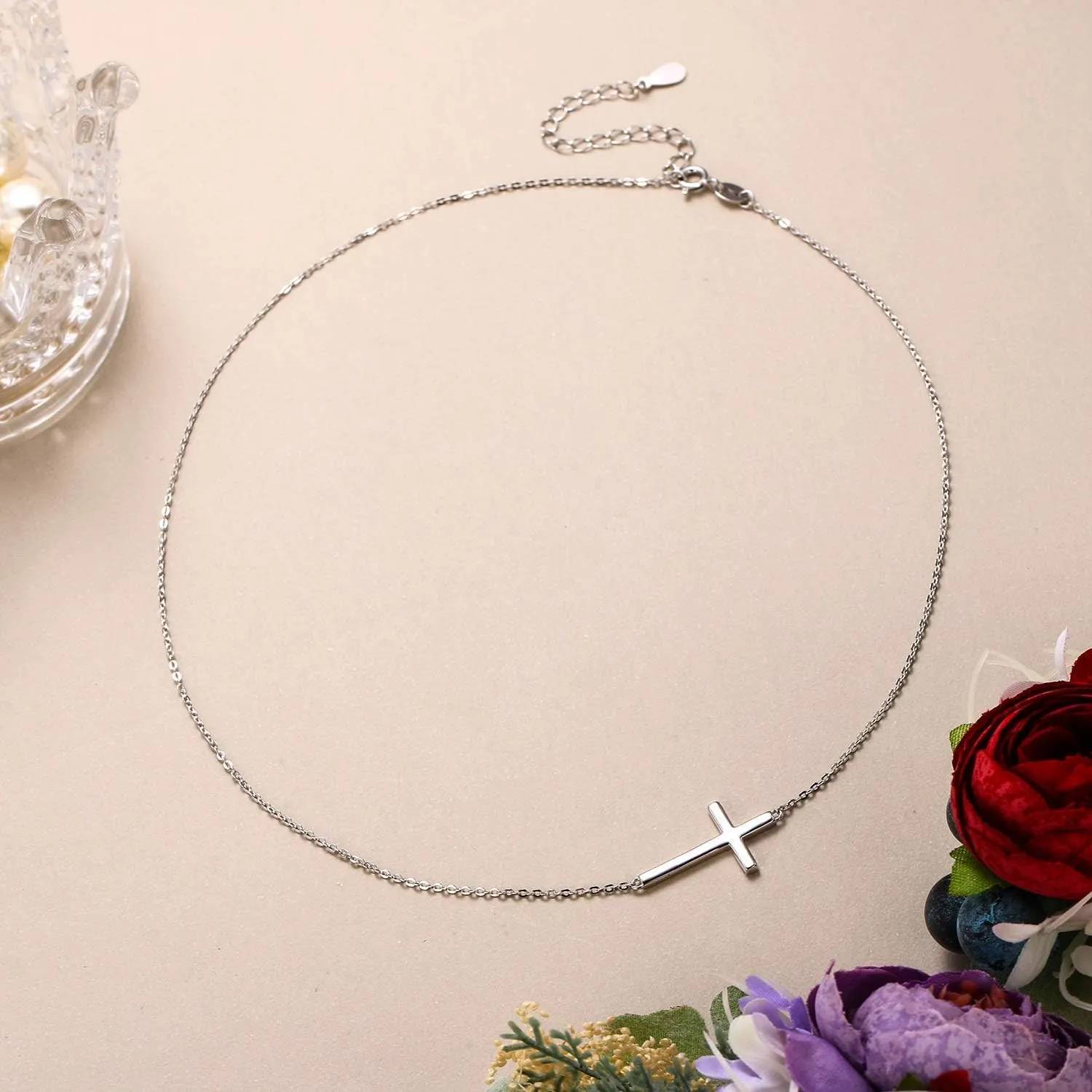EVER FAITH 925 Sterling Silver Simple Sideways Cross Pendant Choker Necklace Birthday/Mothers Day/Valentines/Christmas Jewelry Gift for Women