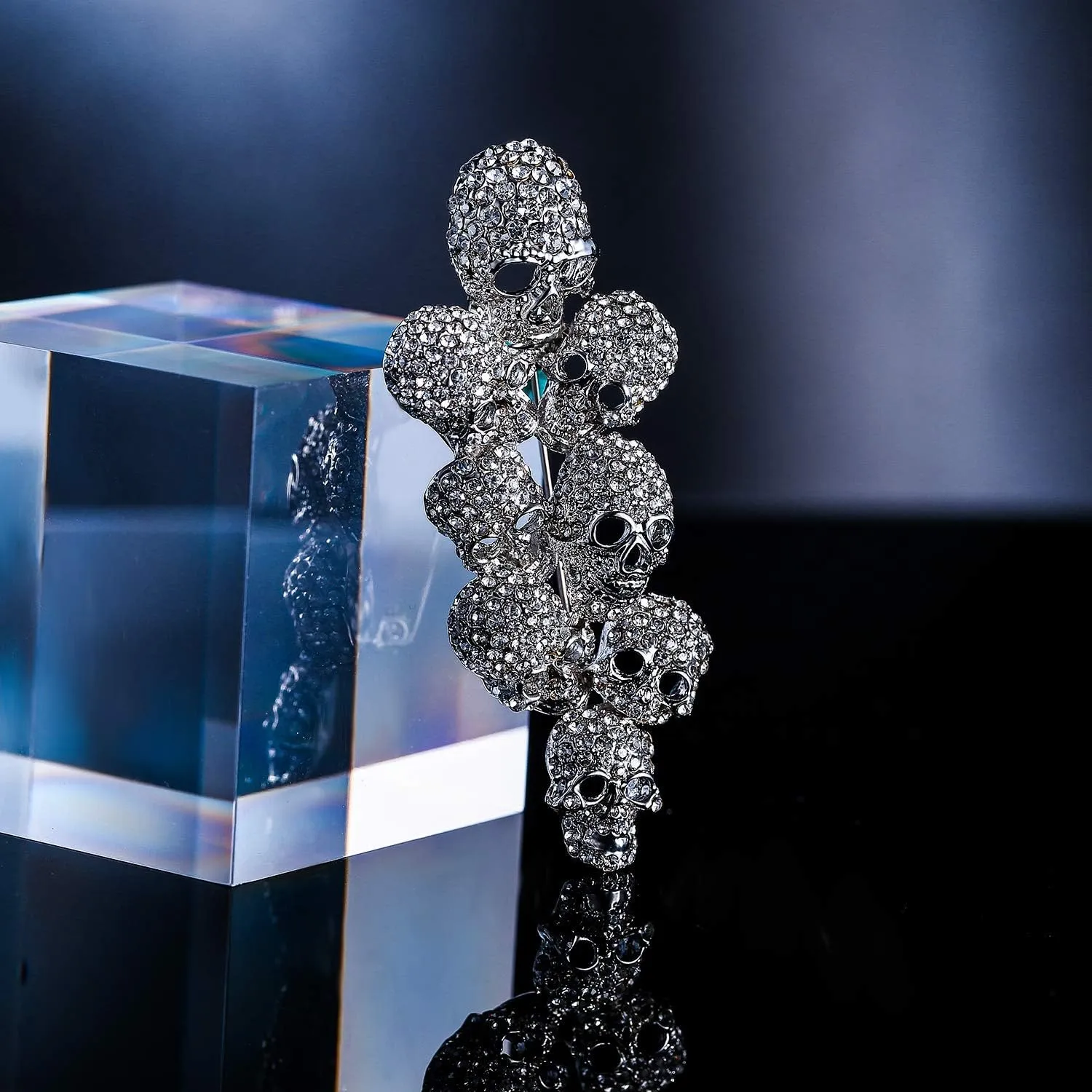 EVER FAITH Austrian Crystal Halloween Gorgeous 8 Skeleton Head Cluster Brooch