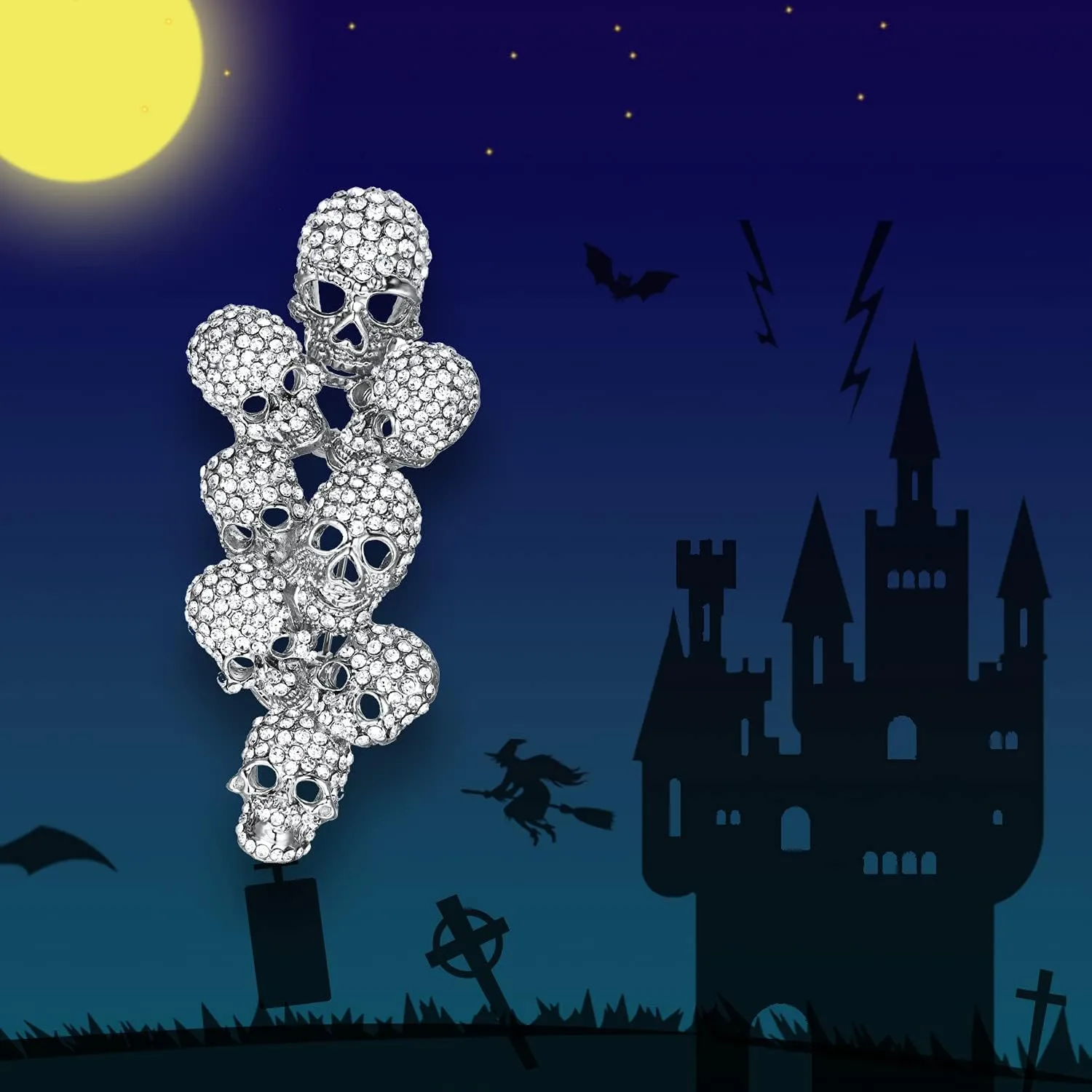 EVER FAITH Austrian Crystal Halloween Gorgeous 8 Skeleton Head Cluster Brooch