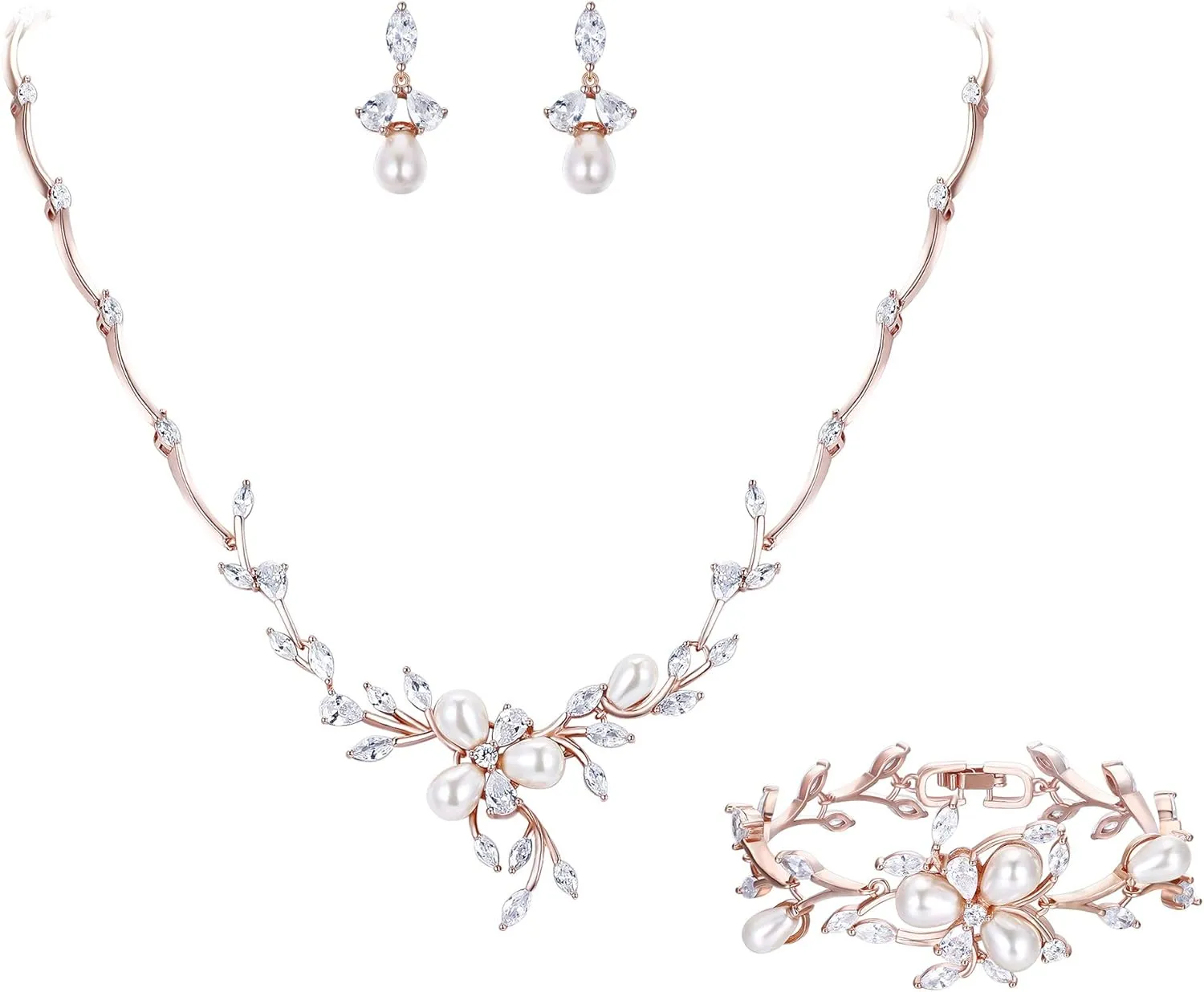 EVER FAITH Marquise CZ Simulated Pearl Bridal Flower Leaf Filigree Necklace Earrings Bracelet Set