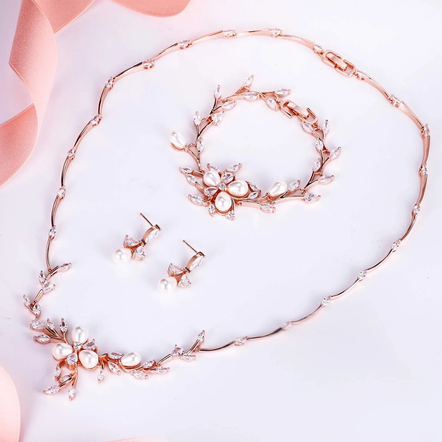 EVER FAITH Marquise CZ Simulated Pearl Bridal Flower Leaf Filigree Necklace Earrings Bracelet Set
