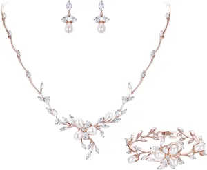 EVER FAITH Marquise CZ Simulated Pearl Bridal Flower Leaf Filigree Necklace Earrings Bracelet Set