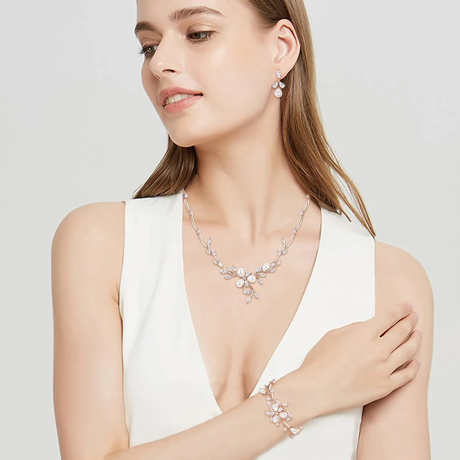 EVER FAITH Marquise CZ Simulated Pearl Bridal Flower Leaf Filigree Necklace Earrings Bracelet Set