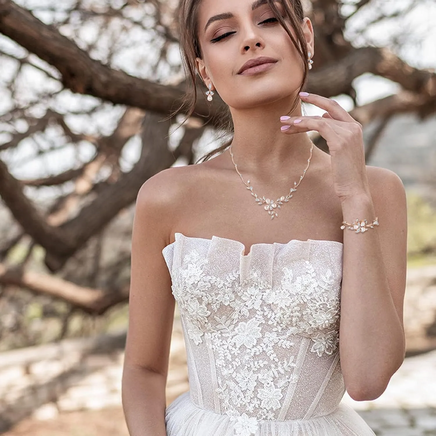 EVER FAITH Marquise CZ Simulated Pearl Bridal Flower Leaf Filigree Necklace Earrings Bracelet Set