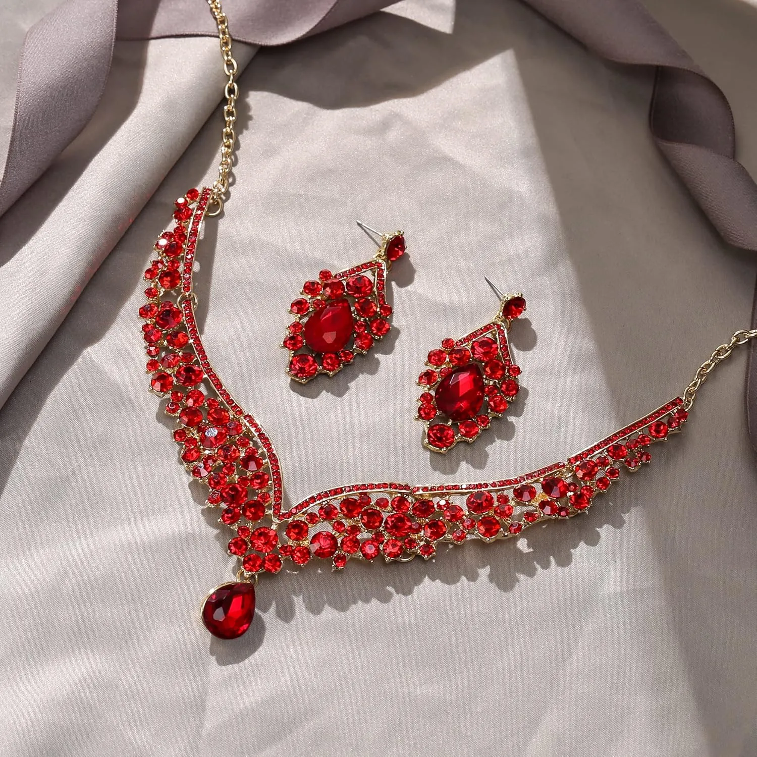EVER FAITH Wedding Jewelry for Bride Austrian Crystal Elegant V-Shaped Teardrop Bridal Prom Statement Necklace Earrings Set for Women