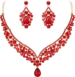 EVER FAITH Wedding Jewelry for Bride Austrian Crystal Elegant V-Shaped Teardrop Bridal Prom Statement Necklace Earrings Set for Women