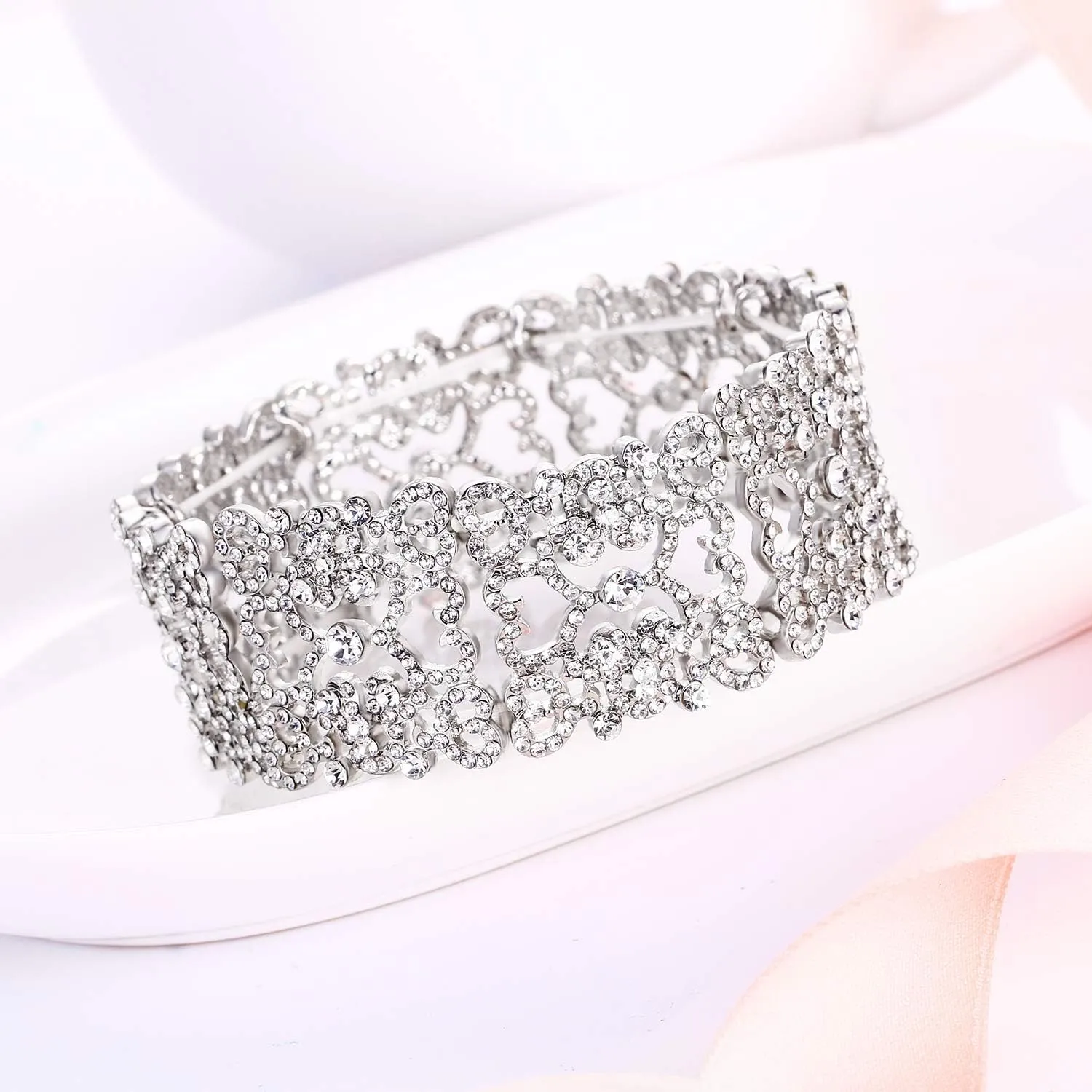 EVER FAITH Women's Austrian Crystal Bride Heart Art Deco Elastic Stretch Bracelet Clear