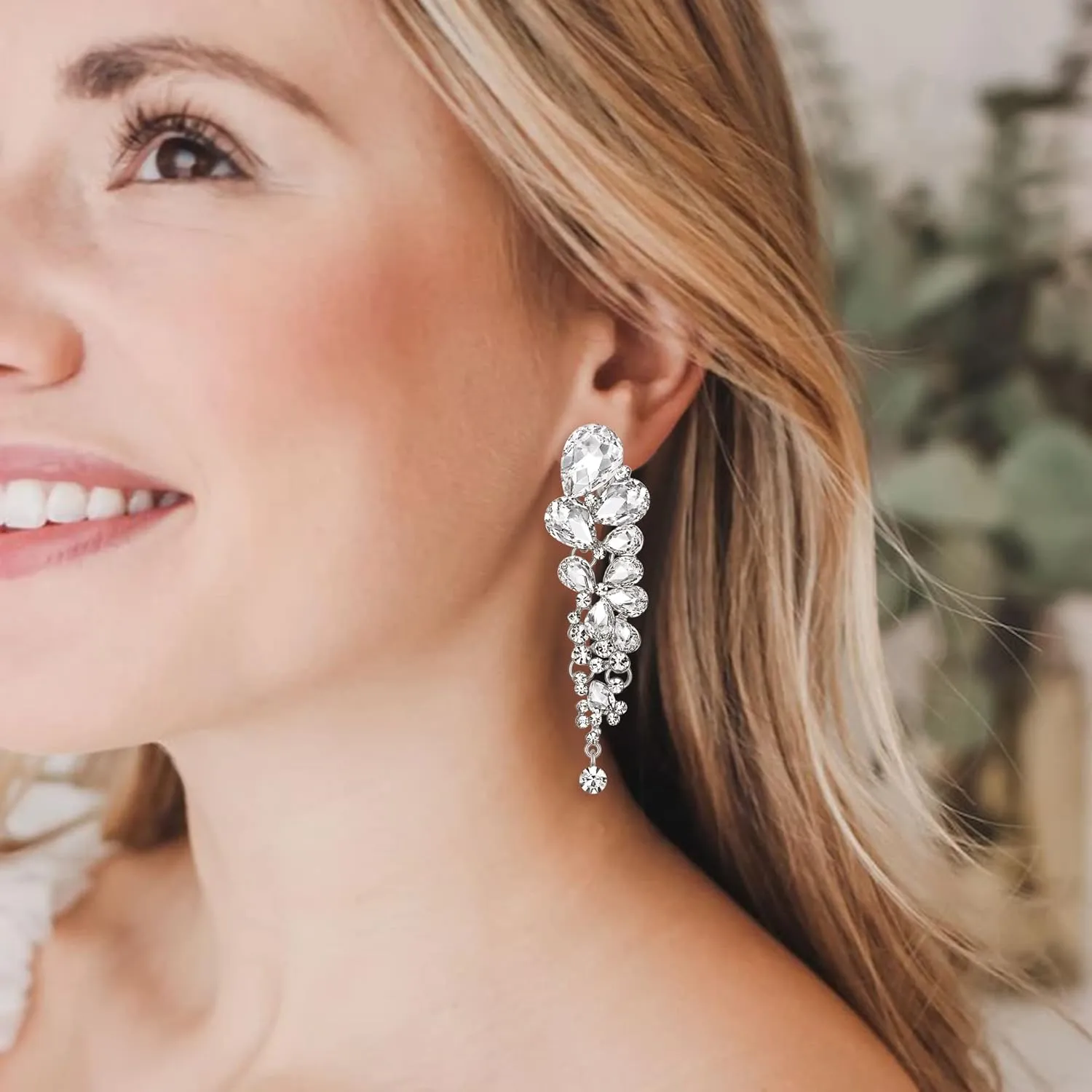 EVER FAITH Women's Austrian Crystal Gorgeous Tear Drops Wedding Dangle Clip-on Earrings
