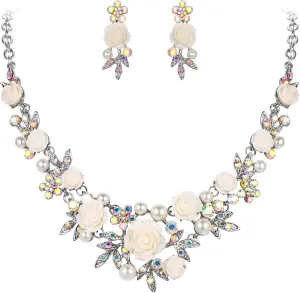 EVER FAITH Women's Austrian Crystal Simulated Pearl Rose Flower Leaf Necklace Pierced Earrings Set