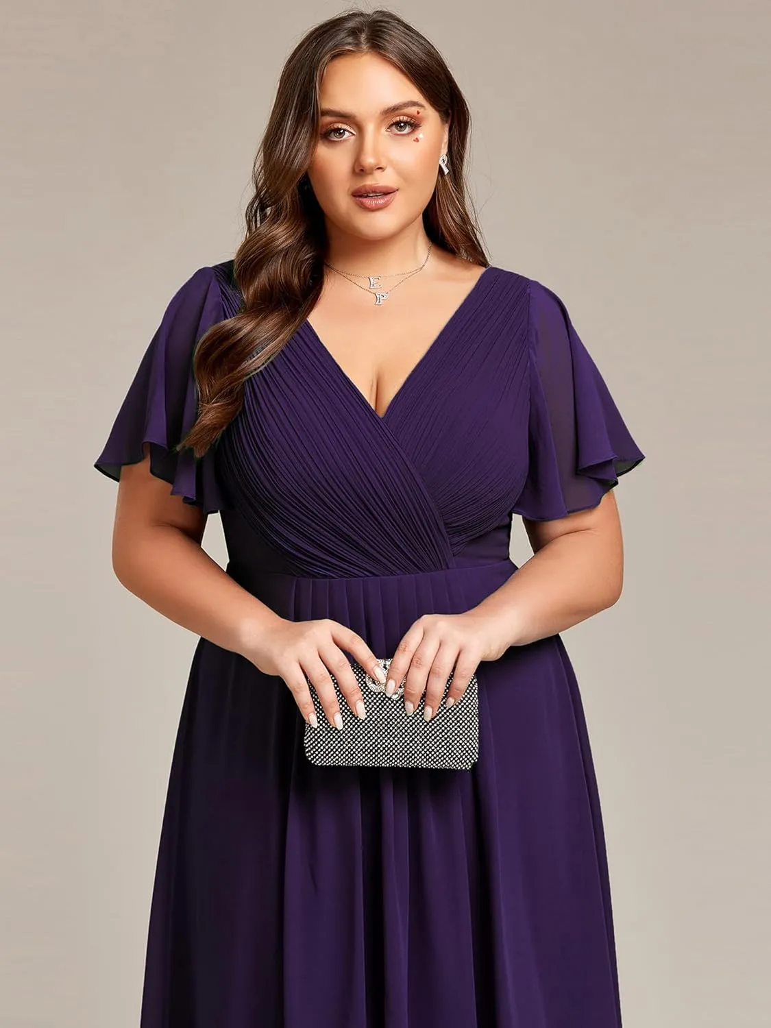 Ever-Pretty A Line V Neck Chiffon Short Sleeves High Low Knee Length Plus Size Wedding Guest Dresses for Curvy Women 01923-DA