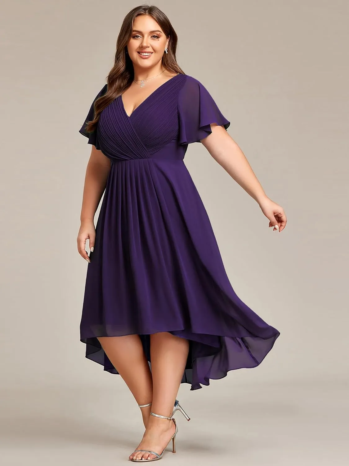 Ever-Pretty A Line V Neck Chiffon Short Sleeves High Low Knee Length Plus Size Wedding Guest Dresses for Curvy Women 01923-DA