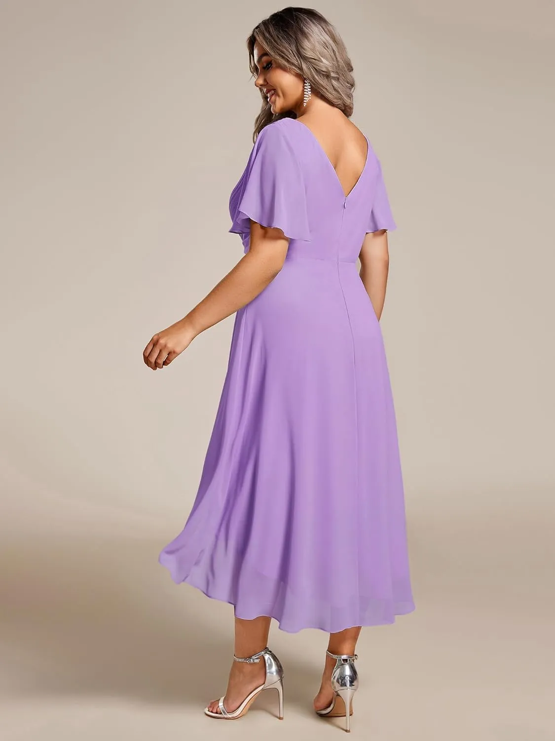 Ever-Pretty A Line V Neck Chiffon Short Sleeves High Low Knee Length Plus Size Wedding Guest Dresses for Curvy Women 01923-DA