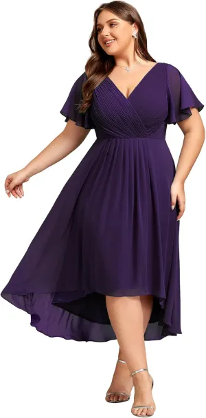 Ever-Pretty A Line V Neck Chiffon Short Sleeves High Low Knee Length Plus Size Wedding Guest Dresses for Curvy Women 01923-DA
