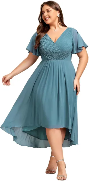 Ever-Pretty A Line V Neck Chiffon Short Sleeves High Low Knee Length Plus Size Wedding Guest Dresses for Curvy Women 01923-DA