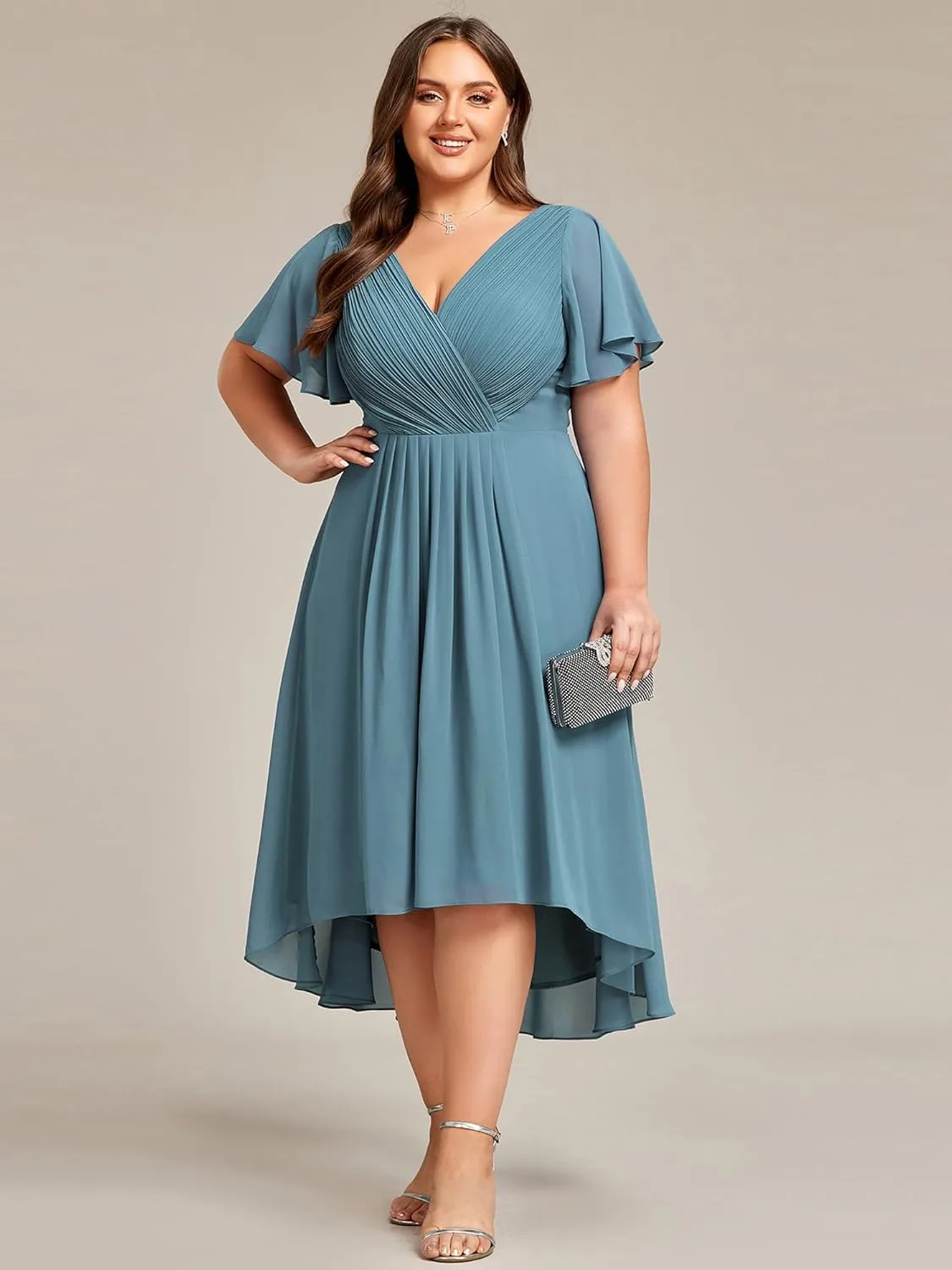 Ever-Pretty A Line V Neck Chiffon Short Sleeves High Low Knee Length Plus Size Wedding Guest Dresses for Curvy Women 01923-DA