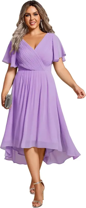 Ever-Pretty A Line V Neck Chiffon Short Sleeves High Low Knee Length Plus Size Wedding Guest Dresses for Curvy Women 01923-DA