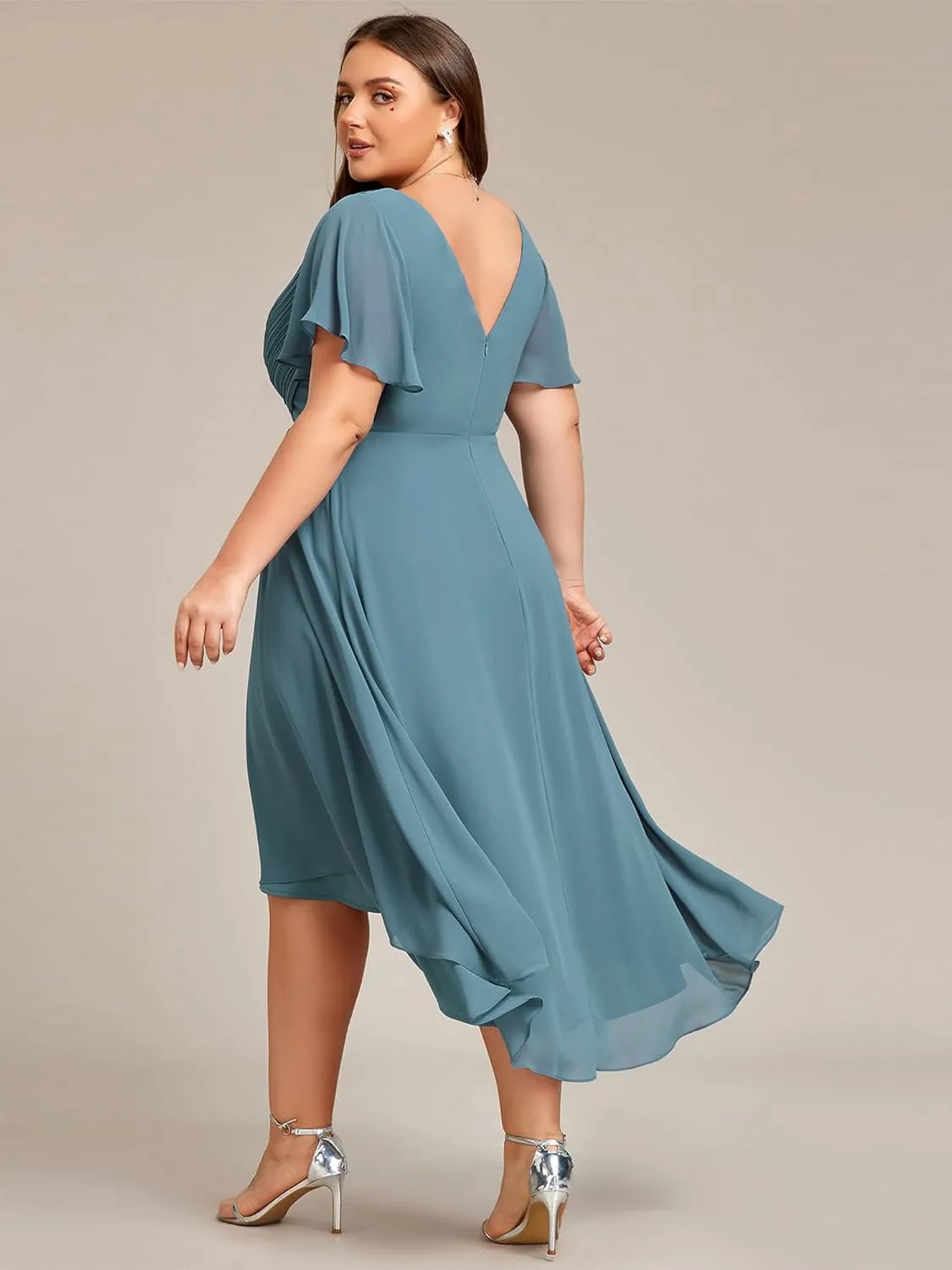 Ever-Pretty A Line V Neck Chiffon Short Sleeves High Low Knee Length Plus Size Wedding Guest Dresses for Curvy Women 01923-DA