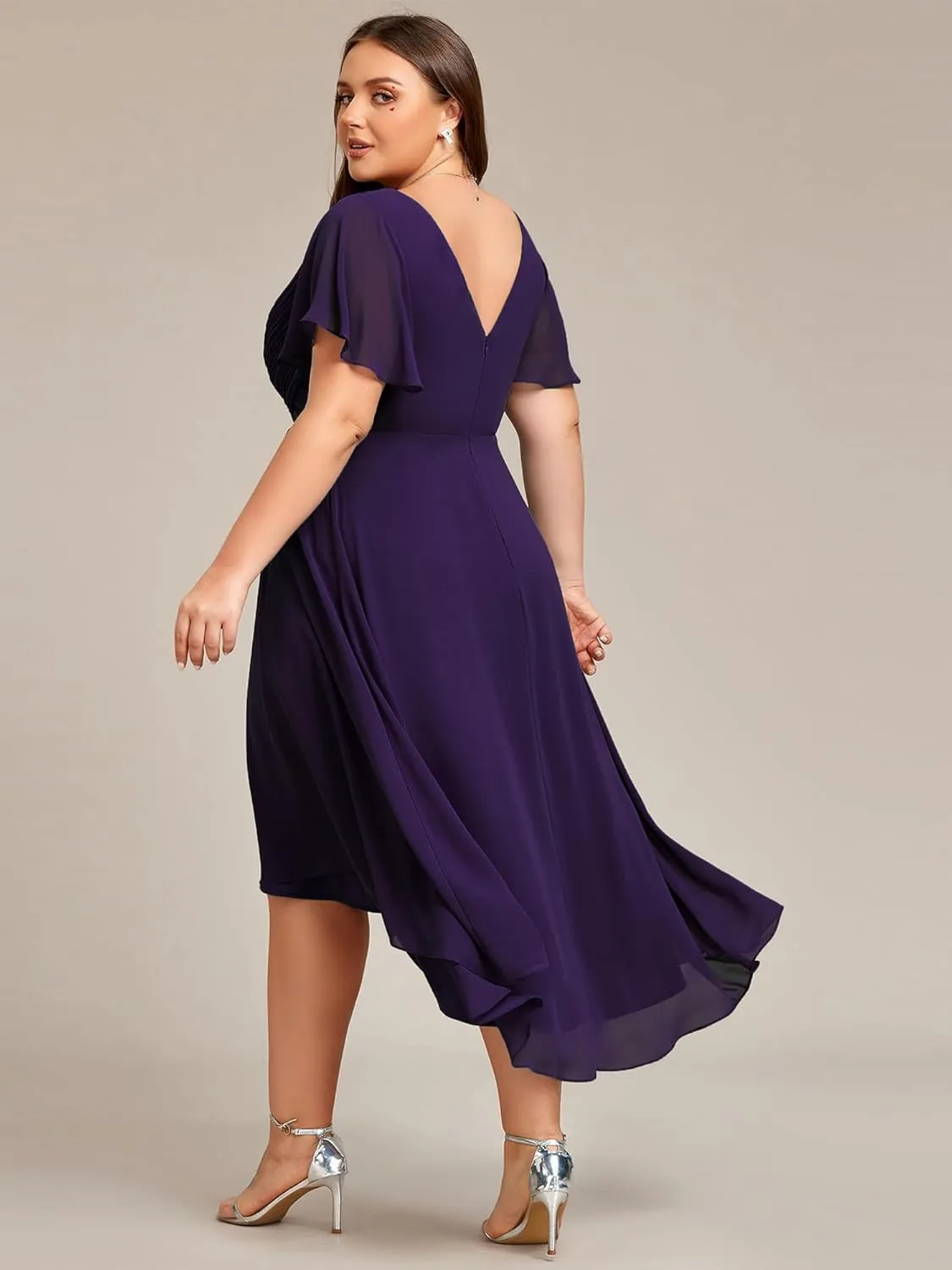 Ever-Pretty A Line V Neck Chiffon Short Sleeves High Low Knee Length Plus Size Wedding Guest Dresses for Curvy Women 01923-DA