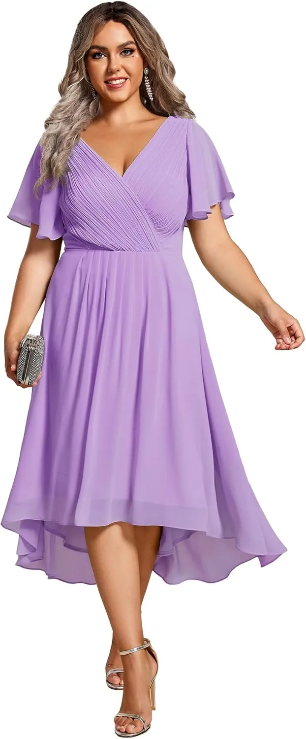 Ever-Pretty A Line V Neck Chiffon Short Sleeves High Low Knee Length Plus Size Wedding Guest Dresses for Curvy Women 01923-DA